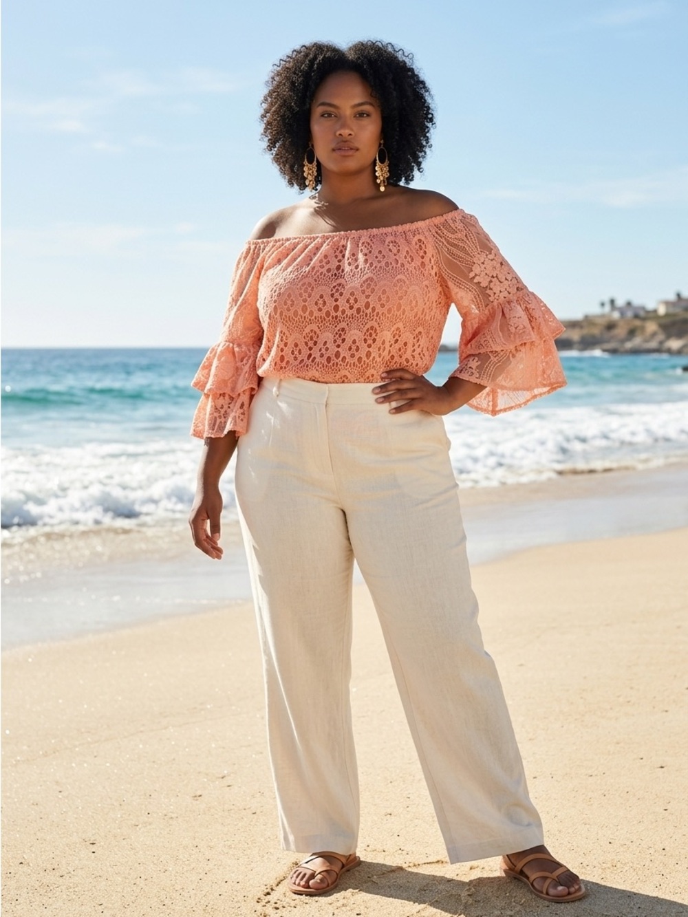 Cato Peach Crochet Off-Shoulder Bell Sleeve Top